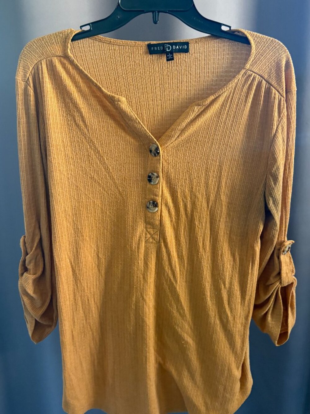 Fred David Mustard Yellow Textured Henley Roll Tab Sleeve Blouse Top Large